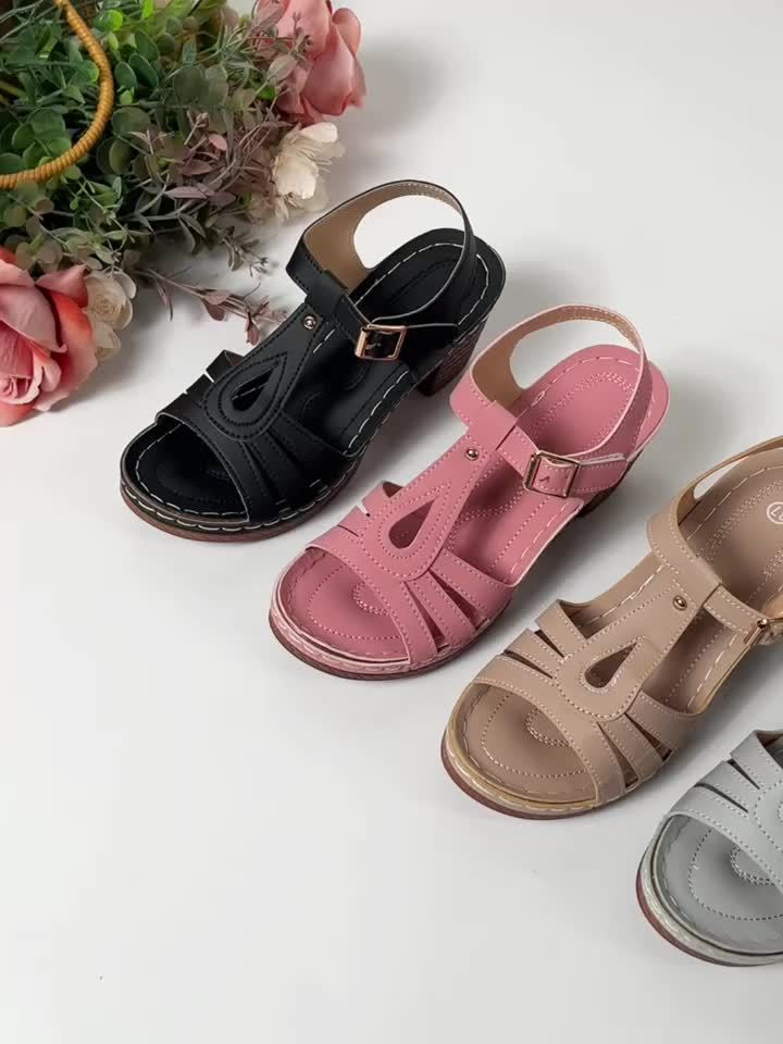 All-day comfort women's block heel sandals, cushioned for support & vintage-inspired elegance.