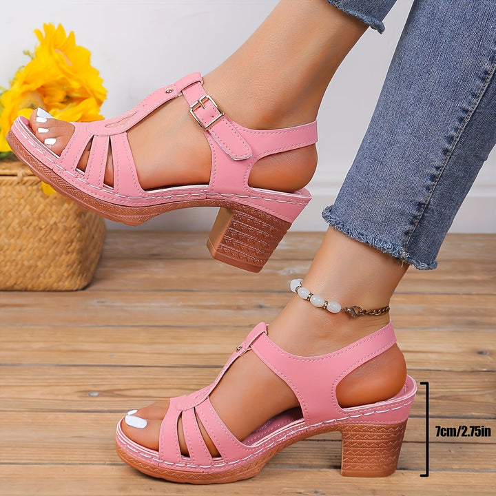 Casual women's block heel sandals with cushioned footbed for comfortable summer outings.
