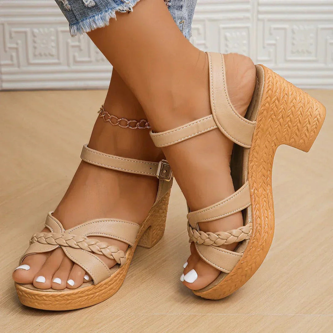 Elegant women's braided block heel sandals with secure ankle strap. Perfect for spring/summer dress shoes.