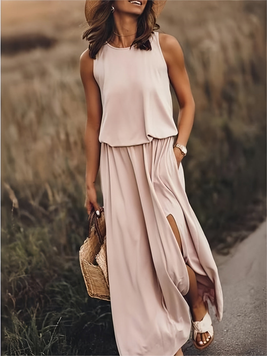 Flowy women's blouson maxi dress, great for casual wear, vacation, and summer days.