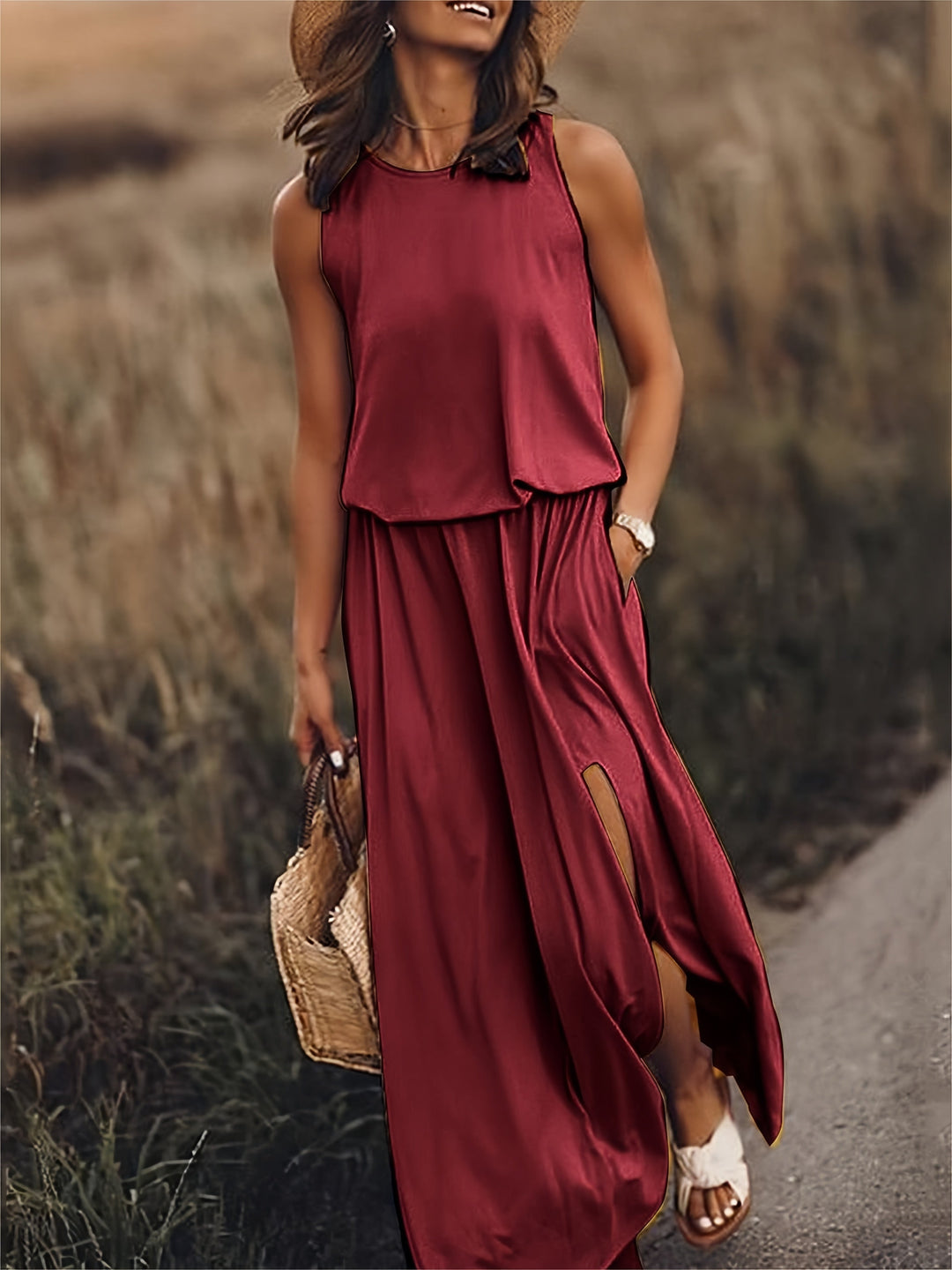 Women's sleeveless maxi dress with a blouson top and convenient pockets. Casual vacation wear.