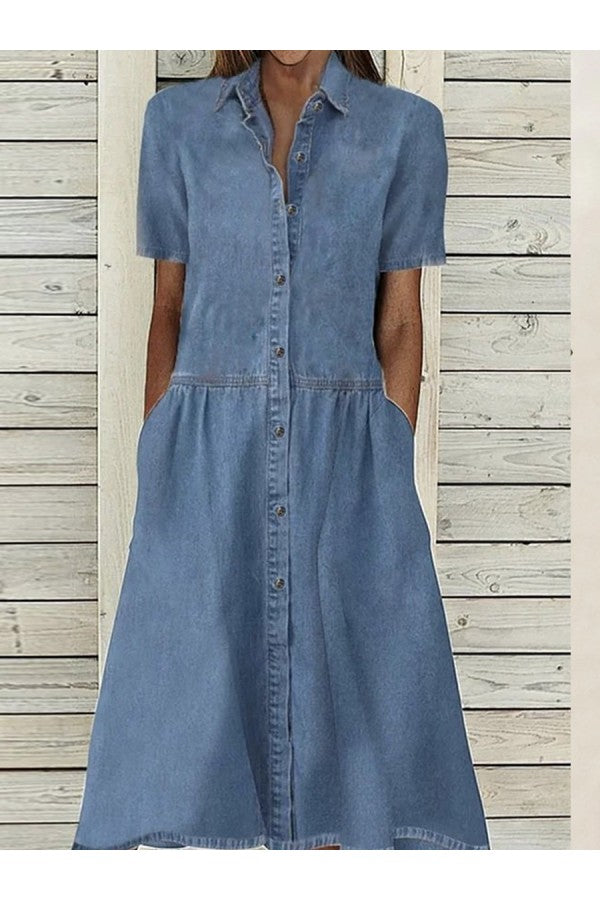 Women's blue button-down short sleeve midi dress, perfect for casual summer wear or office. Effortless style.