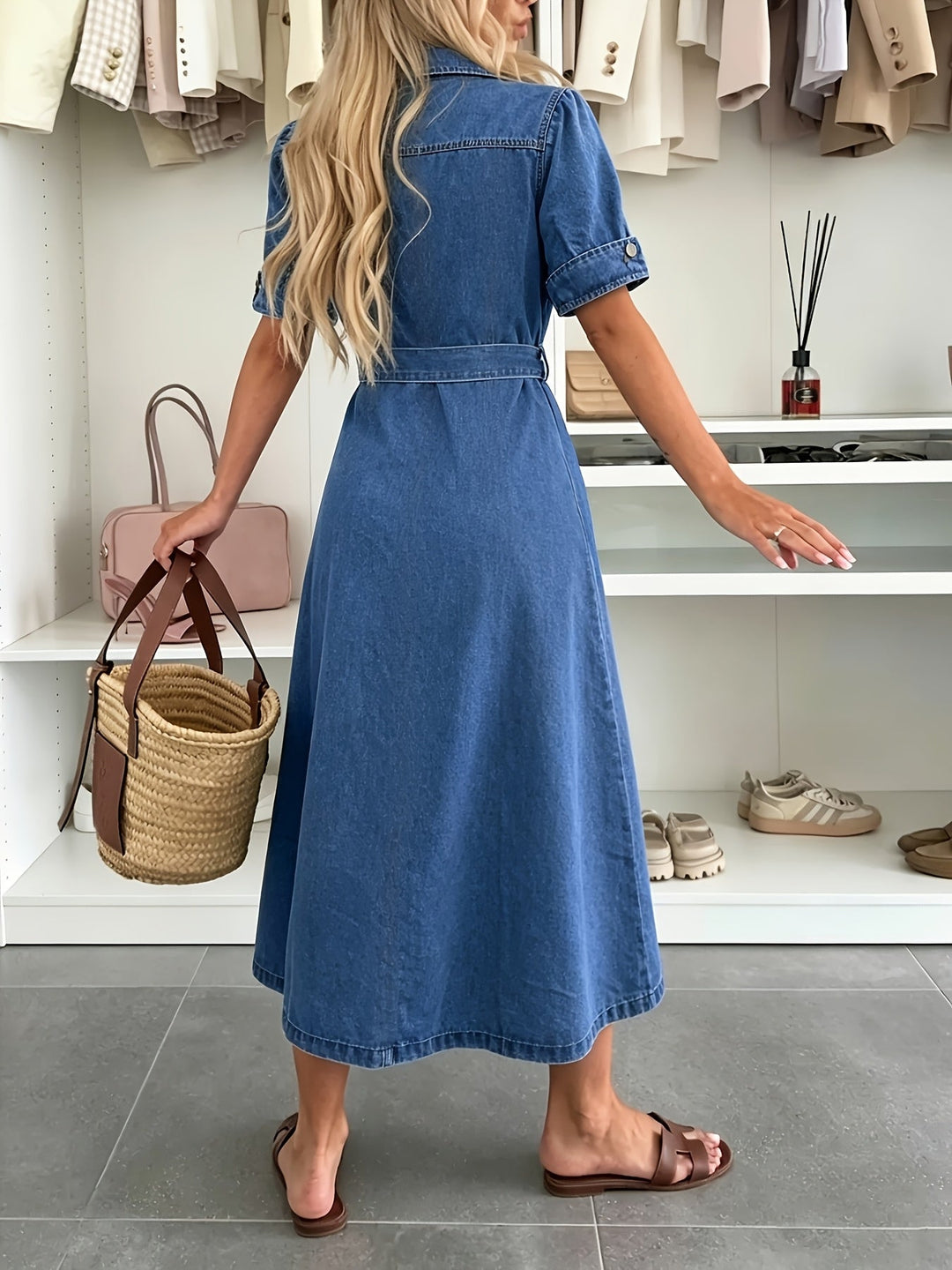 Versatile women's blue button front dress with puff sleeves & belt. Perfect for summer daytime chic.