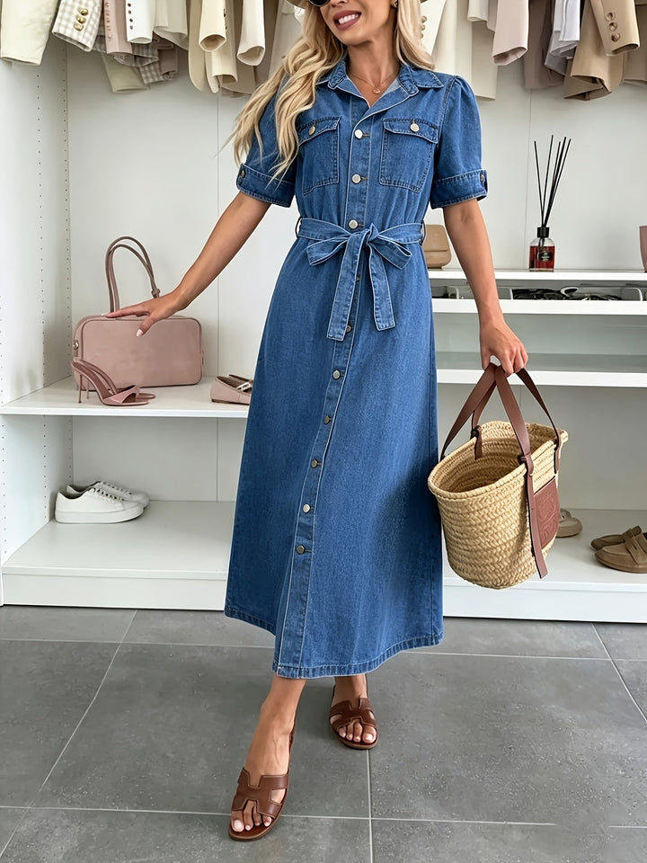 Elegant women's blue midi dress, button front, with stylish belted waist and trendy puff sleeves.