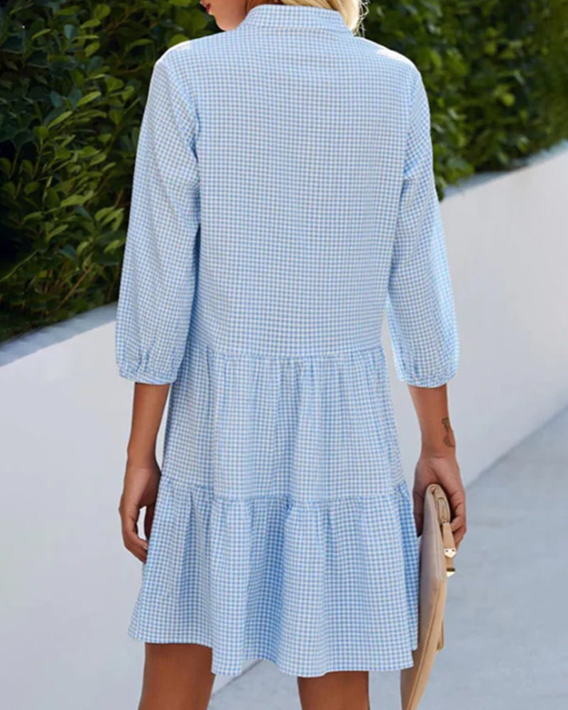 Blue check tiered summer dress for women, featuring short sleeves and a stylish button-down design.