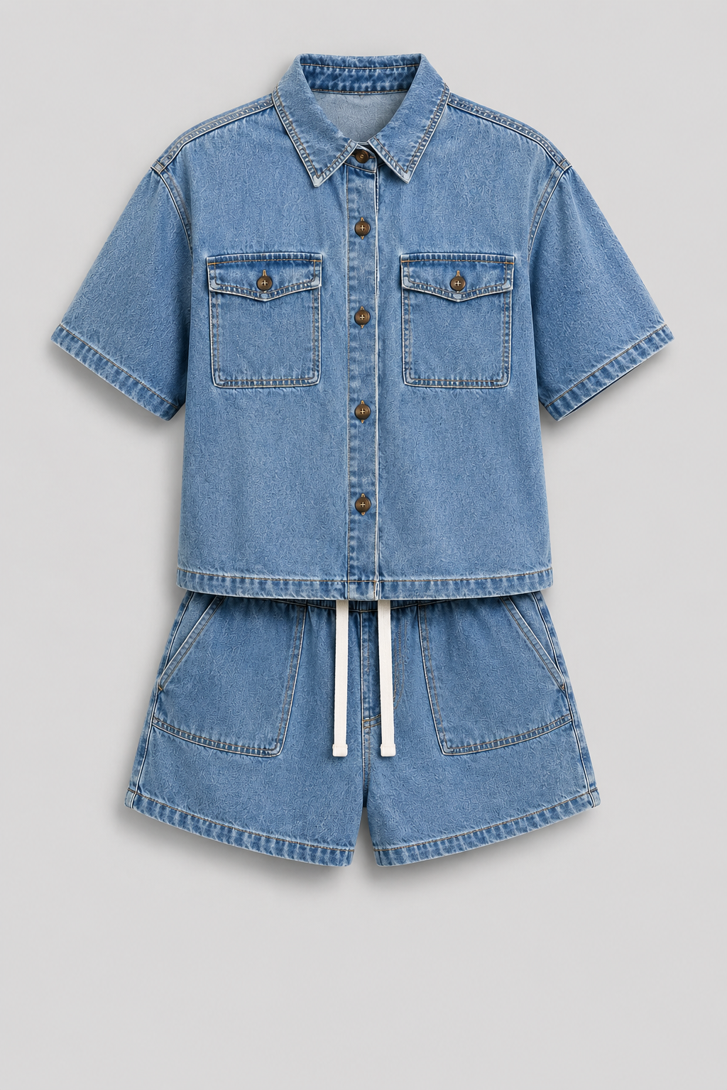 Women's blue denim short set, featuring a casual chic jacket & shorts for comfortable summer fashion.