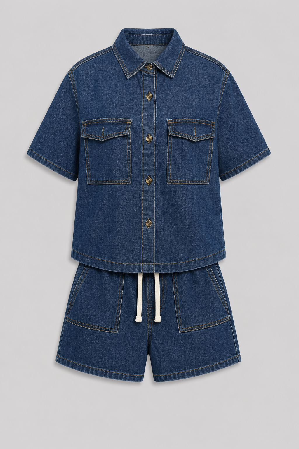 Stylish women's two-piece denim set with shorts & matching jacket, perfect for effortless casual chic.
