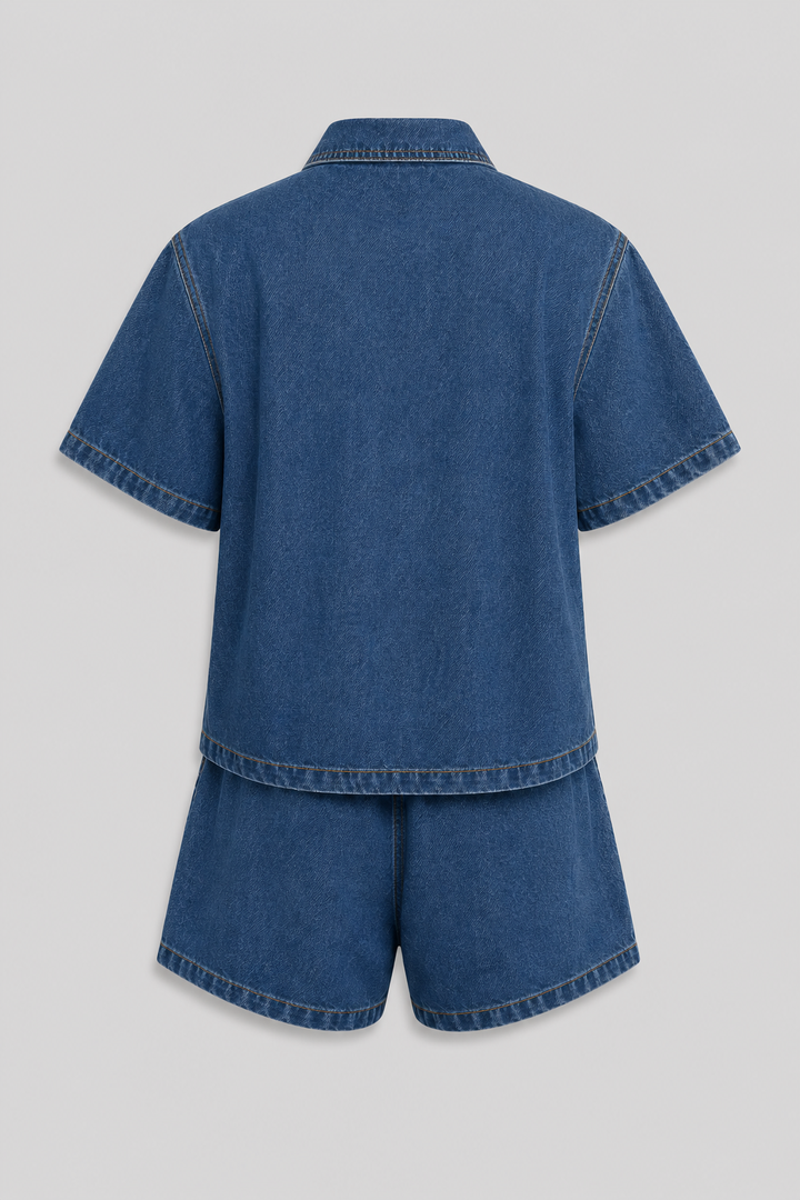Comfortable women's blue denim shorts & jacket set, ideal for casual summer fashion and effortless style.