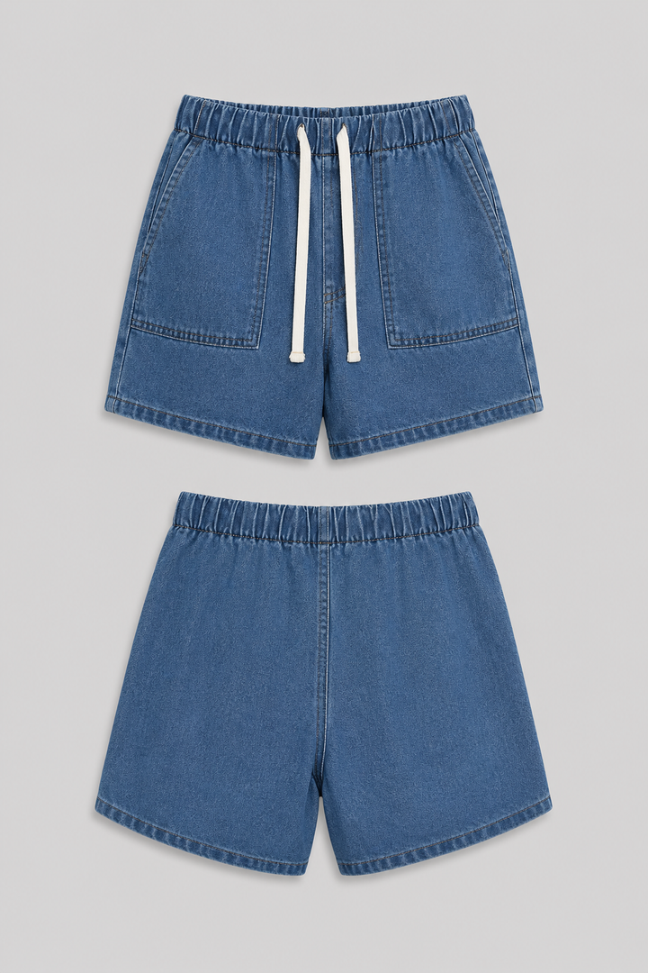 Chic women's denim short set in blue, a versatile two-piece with jacket & shorts for summer fashion.