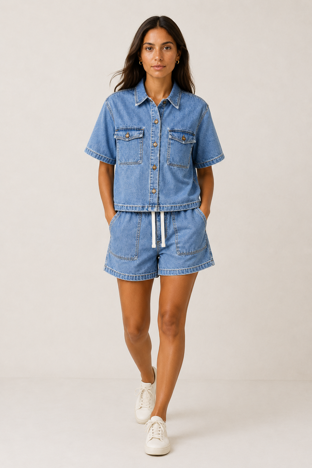 Blue denim jacket & shorts women's set, offering a comfortable fit and casual chic for summer outfits.
