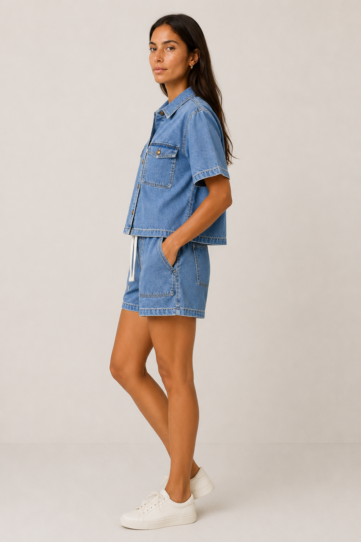 Effortless style with this women's blue denim short set, a casual chic two-piece featuring jacket & shorts.