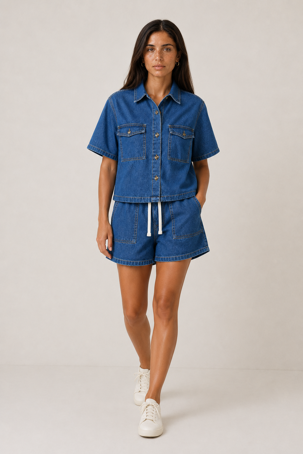 Trendy women's denim shorts and jacket set, a comfortable two-piece for casual chic summer fashion.