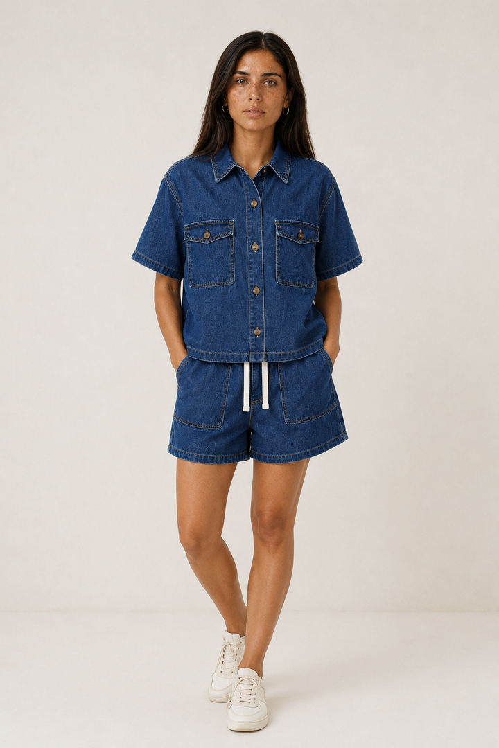Blue denim women's short set: a chic two-piece with jacket & shorts for comfortable summer casual wear.