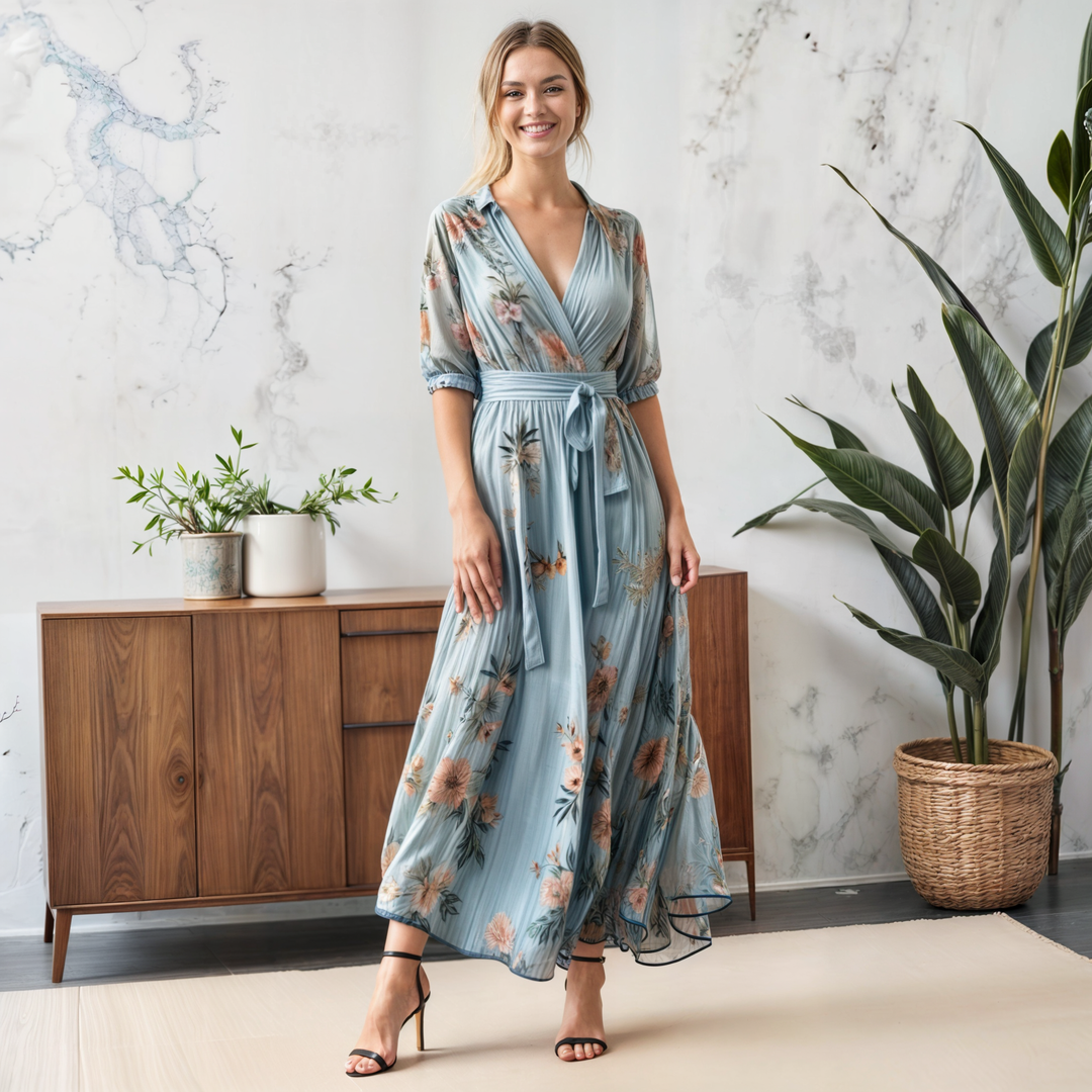 Elegant women's blue floral long wrap dress featuring puff sleeves and a flattering tie waist, ideal for summer parties.