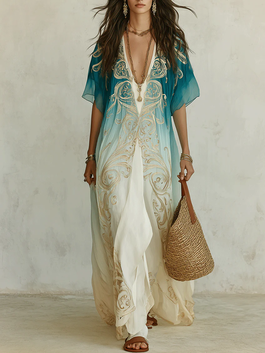 Women's blue ombre kaftan maxi dress with v-neck, flowing kimono sleeves. Perfect for casual summer wear.