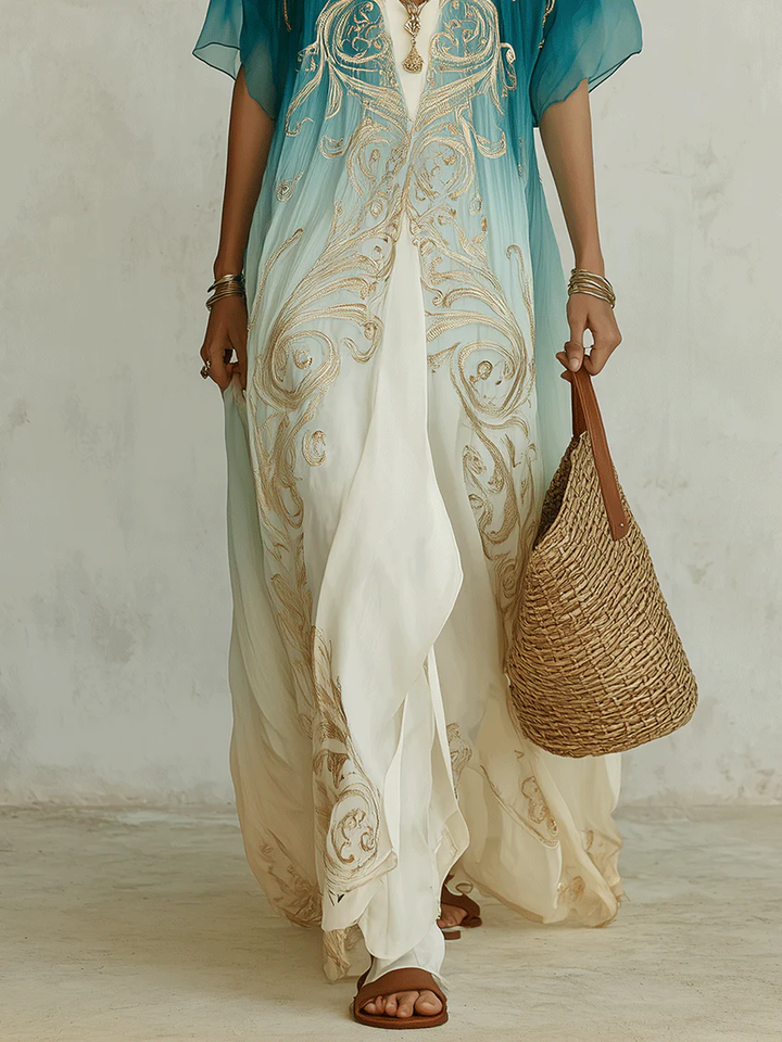 Women's blue ombre kaftan maxi dress, resort wear with v-neck & kimono sleeves. Casual summer style.