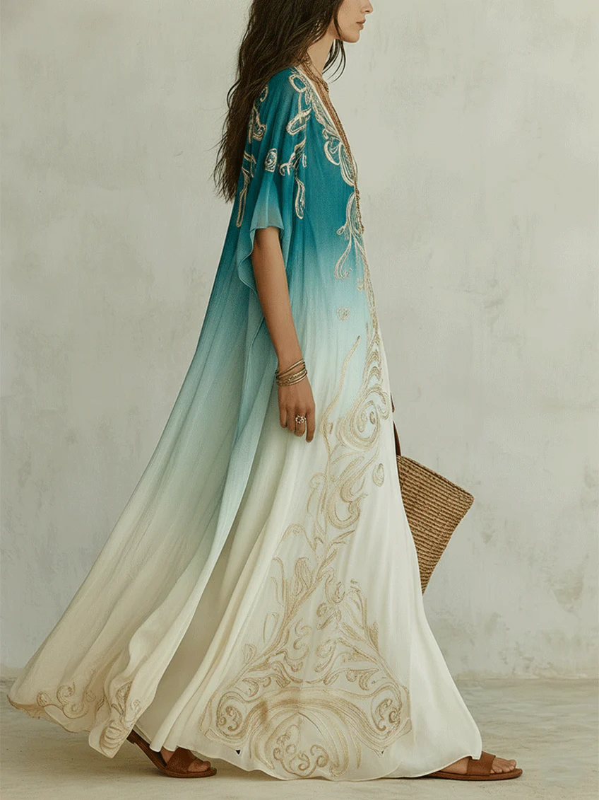 Effortless blue ombre kaftan maxi dress for women. Boho style v-neck beach and resort wear.