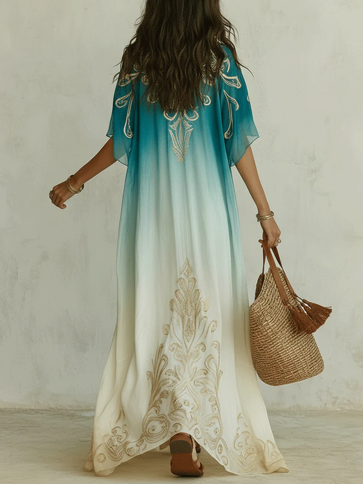 Stylish women's blue ombre kaftan maxi dress with kimono sleeves, ideal for summer casual or resort.