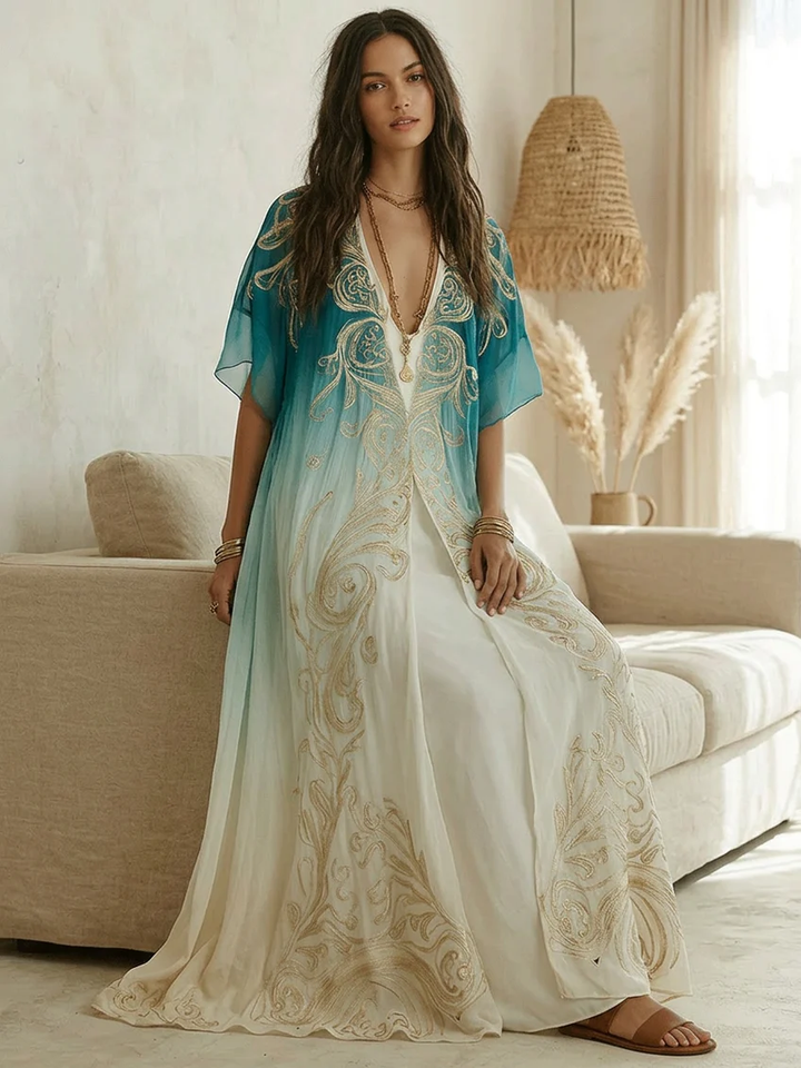 Casual blue ombre kaftan maxi dress for women, elegant v-neck & kimono sleeves. Great resort wear.
