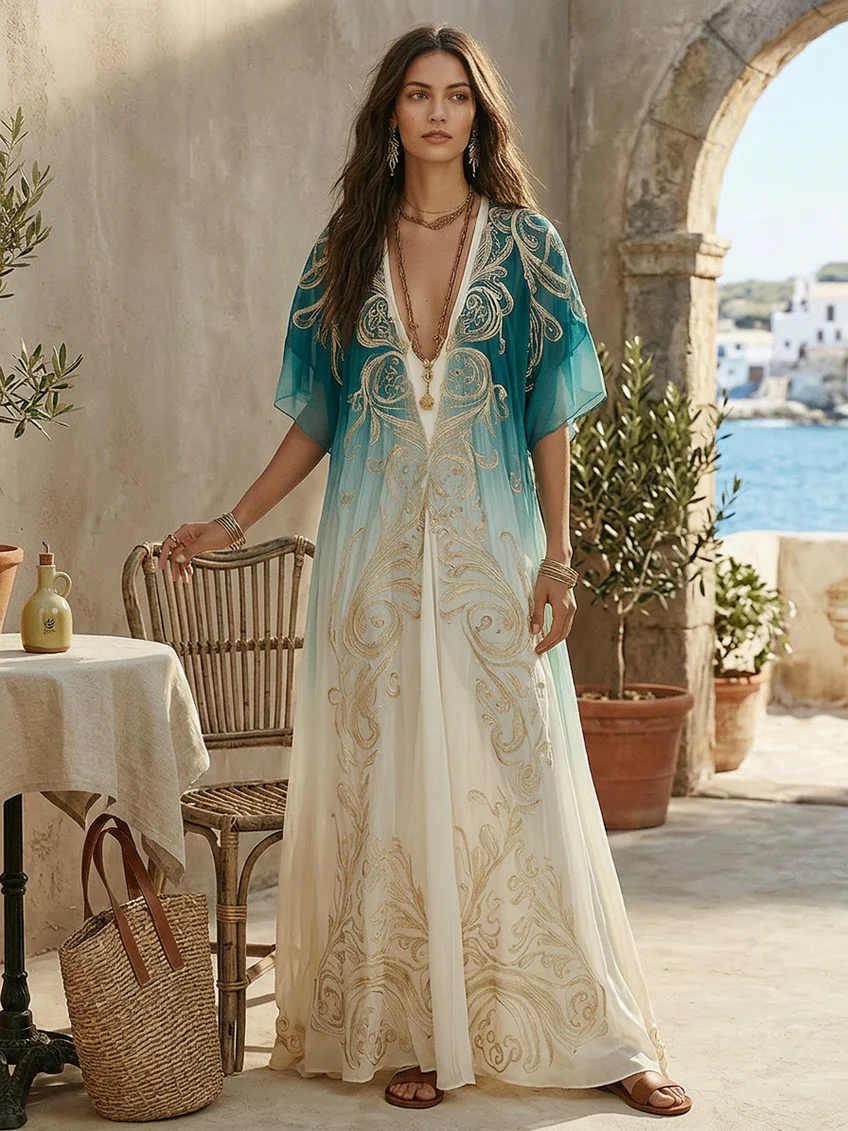 Women's blue ombre kaftan maxi dress, boho style, v-neck, flowing design. Ideal for summer and beach.