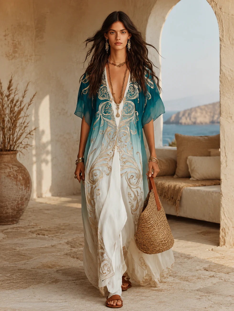 Chic blue ombre kaftan maxi dress, women's casual summer or resort wear with kimono sleeves.