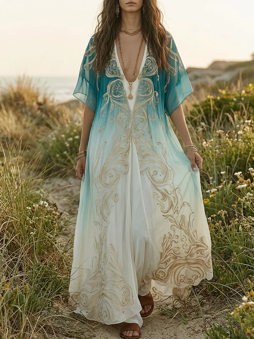 Effortless women's blue ombre kaftan maxi dress. V-neck, kimono sleeve, perfect for resort or beach.