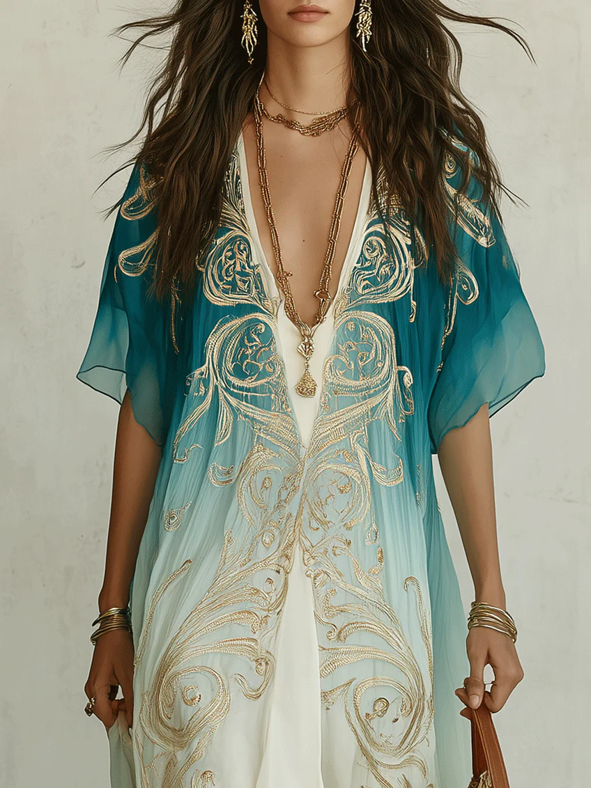 Boho blue ombre kaftan maxi dress for women. Flowing summer style, v-neck, great for casual wear.