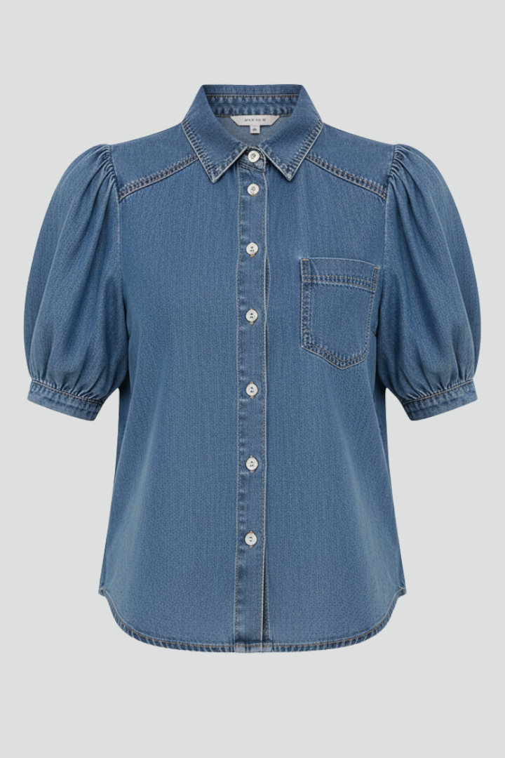 Women's blue puff sleeve button-up shirt. Stylish, relaxed fit blouse for casual fashion.