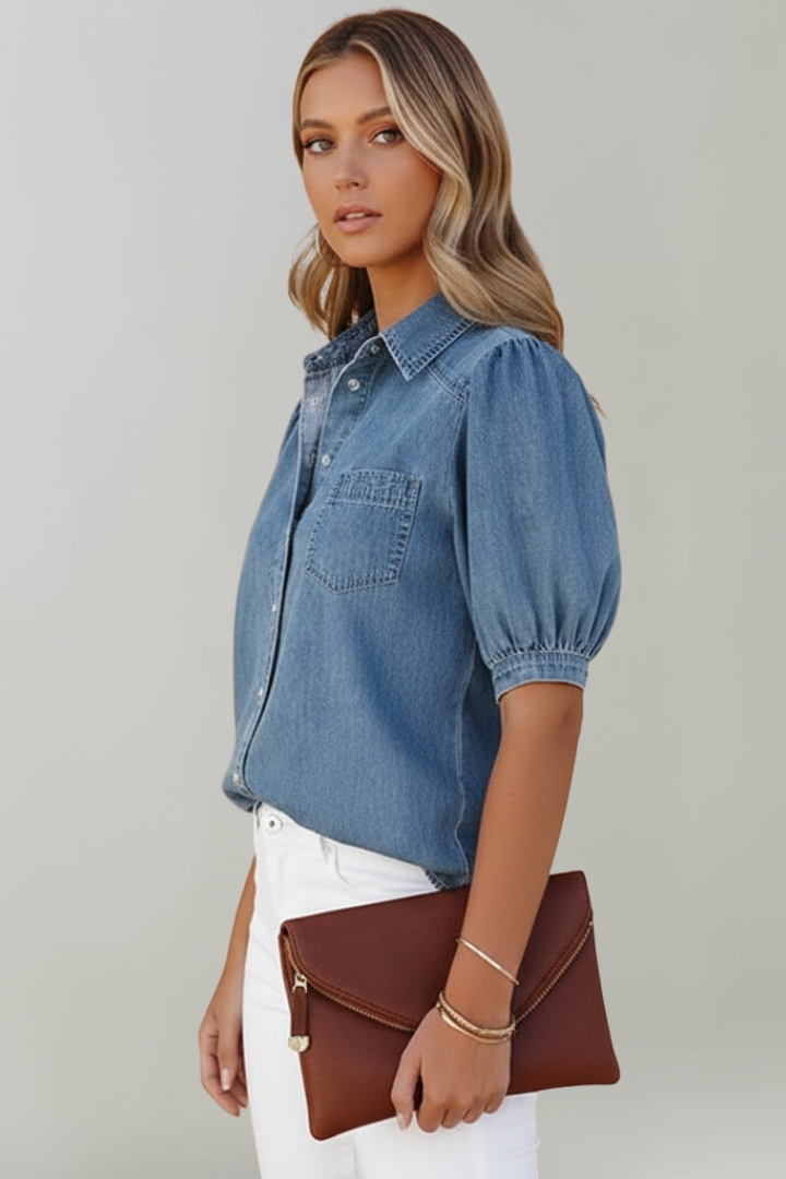 Elegant women's blue puff sleeve blouse with button-up front. Fashionable & comfortable casual top.