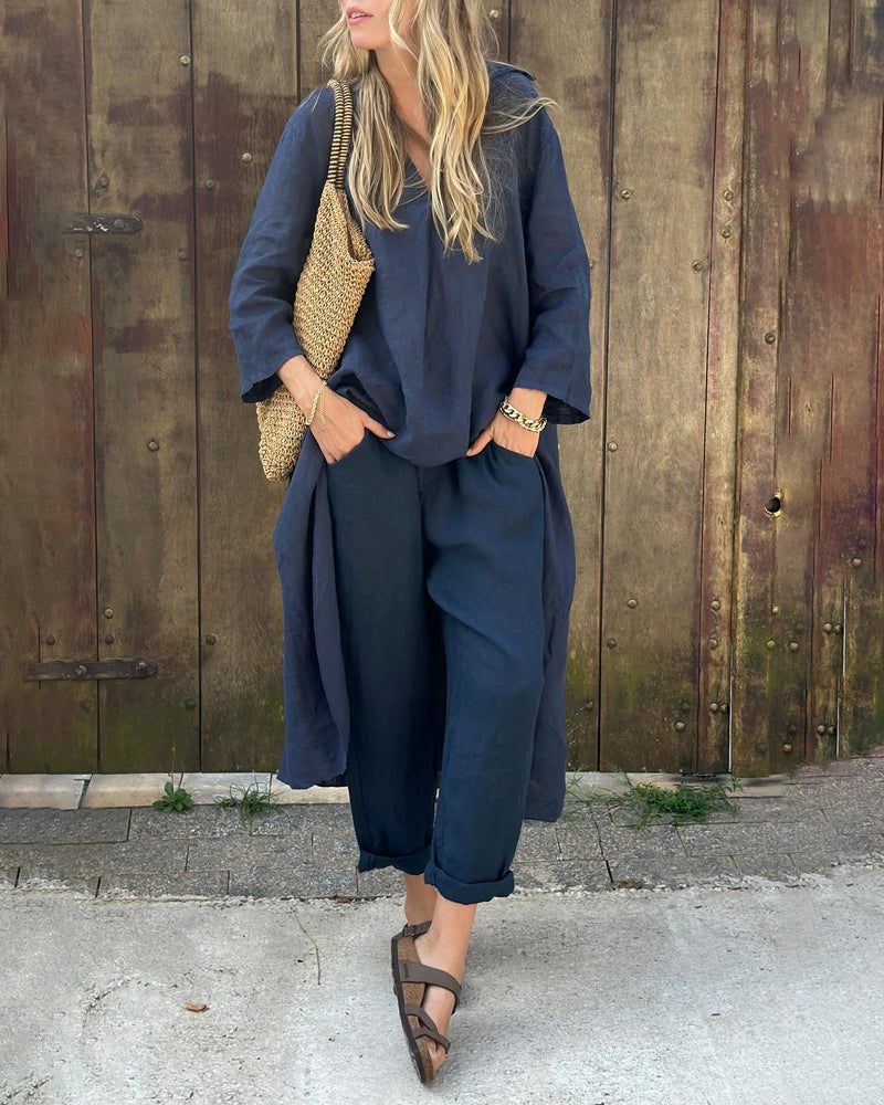 Women's blue relaxed fit tunic and pant set, comfortable casual wear