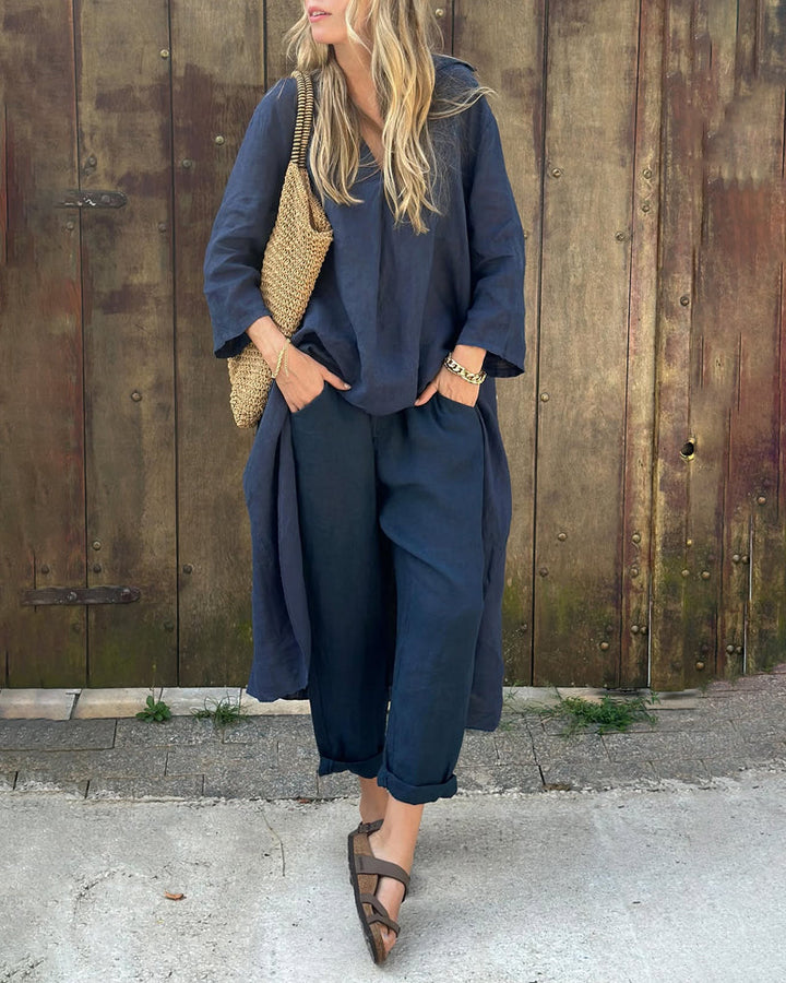 Women's blue relaxed fit tunic and pant set, comfortable casual wear