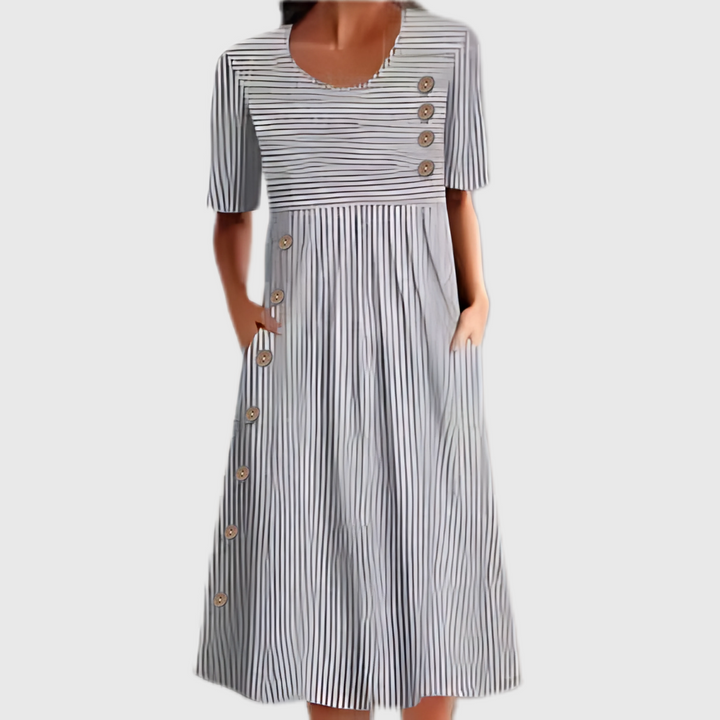 Gray striped women's midi dress featuring stylish button details, ideal for comfortable, casual daily wear.