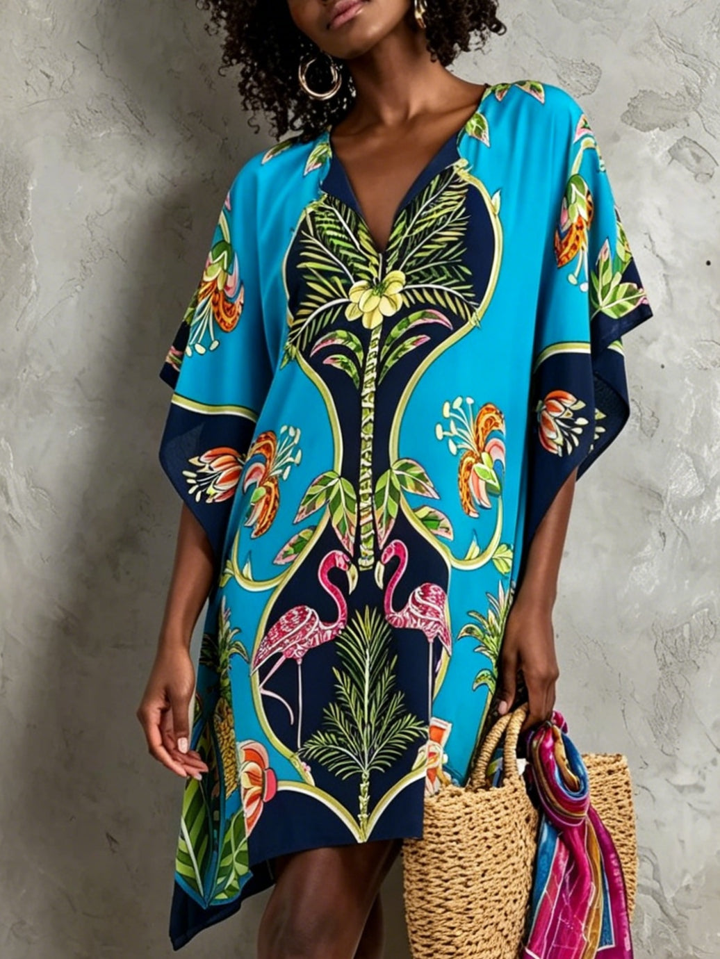 Stunning blue tropical midi dress for women, featuring a V-neck and flowy design, ideal for resort wear.