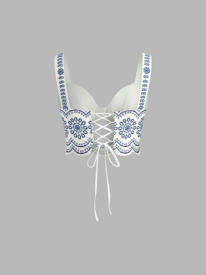 Elegant blue & white printed sleeveless skirt set for women, a comfortable and stylish tie-back matching outfit for warm weather.