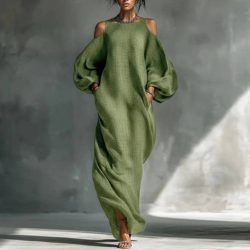 Versatile women's cold shoulder maxi dress, bohemian style with a relaxed fit for elegant summer wear.