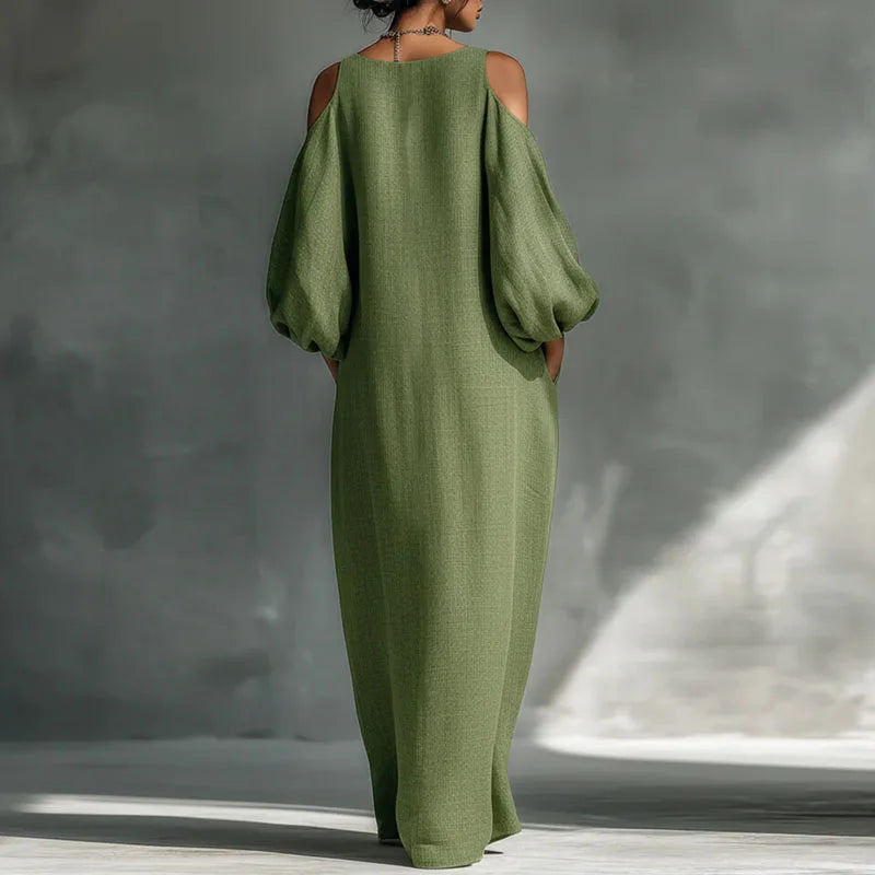 Long sleeve bohemian cold shoulder maxi dress for women, offering an elegant flow and comfortable relaxed fit.
