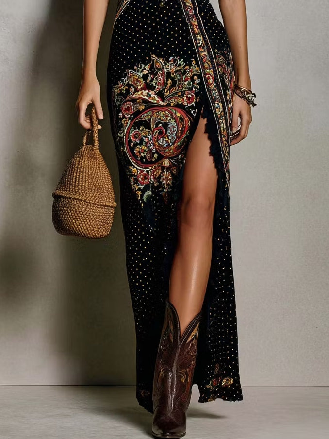 Elegant women's V-neck maxi dress, featuring intricate bohemian embroidery & stylish high slit. Great for summer fashion.