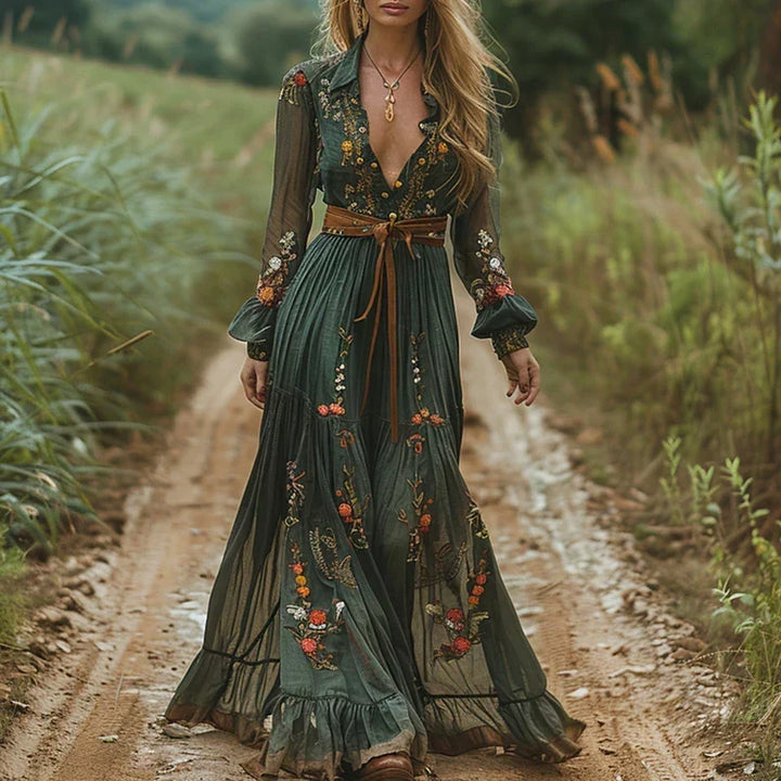 Flowing women's long sleeve bohemian maxi dress for resort wear. Elegant embroidered party dress for special events.