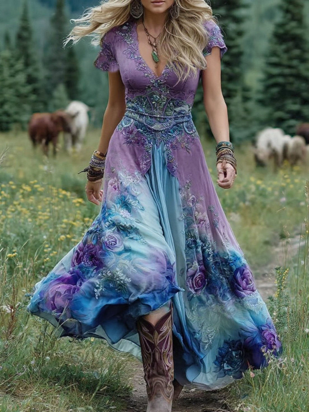 Women's bohemian floral maxi dress with flowing silhouette, perfect for elegant summer parties & vacation wear.