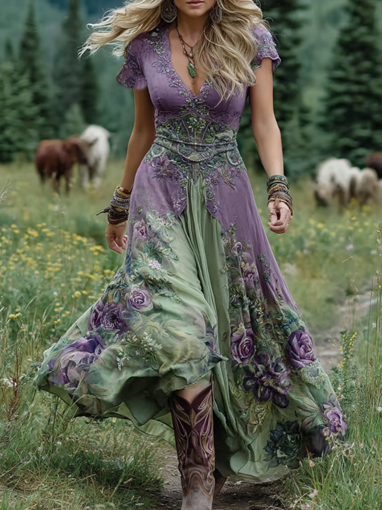 Boho chic women's maxi dress featuring vibrant floral print & a graceful flowing silhouette for summer elegance.