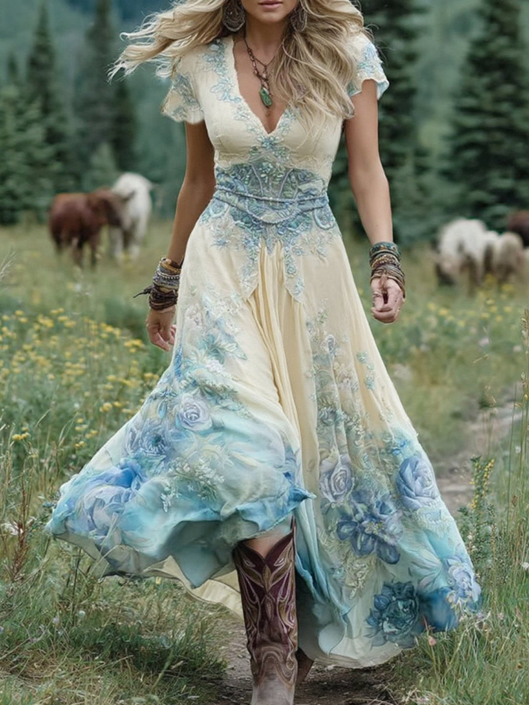 Elegant long floral maxi dress for women, ideal as a flowing summer dress, party wear or bohemian vacation outfit.