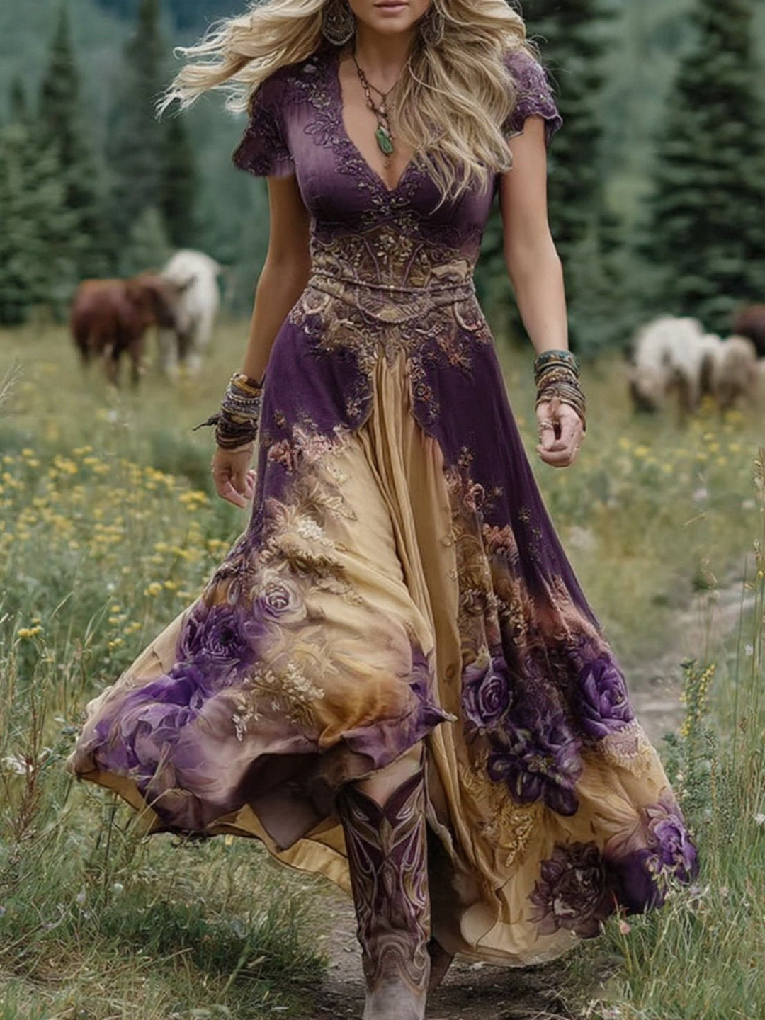 Flowing bohemian floral maxi dress for women, designed for comfort and style, perfect for casual chic summer events.
