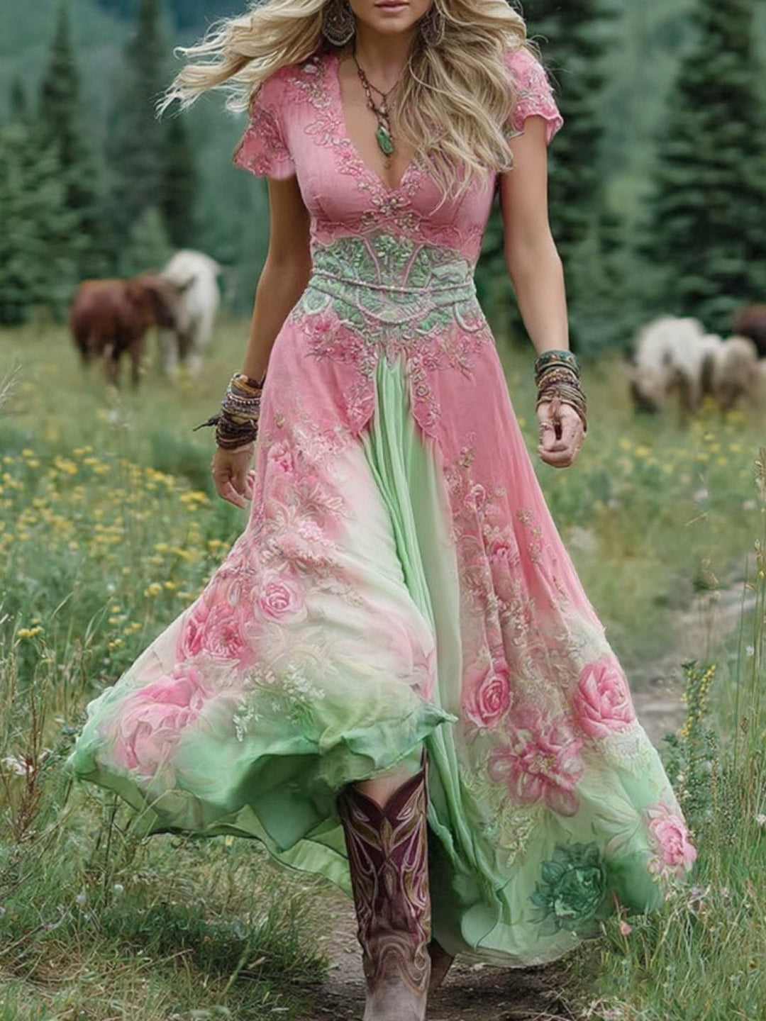 Vibrant floral print maxi dress for women, offering a bohemian style and a graceful long, flowing silhouette.