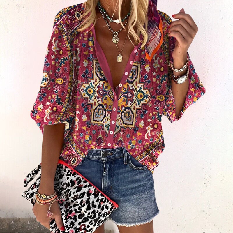 Casual women's floral v-neck short sleeve blouse featuring a trendy button front, ideal for everyday or vacation.