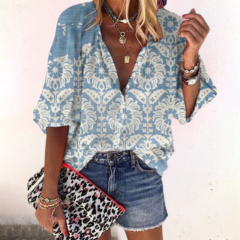 Relaxed fit women's floral short sleeve blouse, a versatile v-neck button-front top for comfortable spring and summer style.
