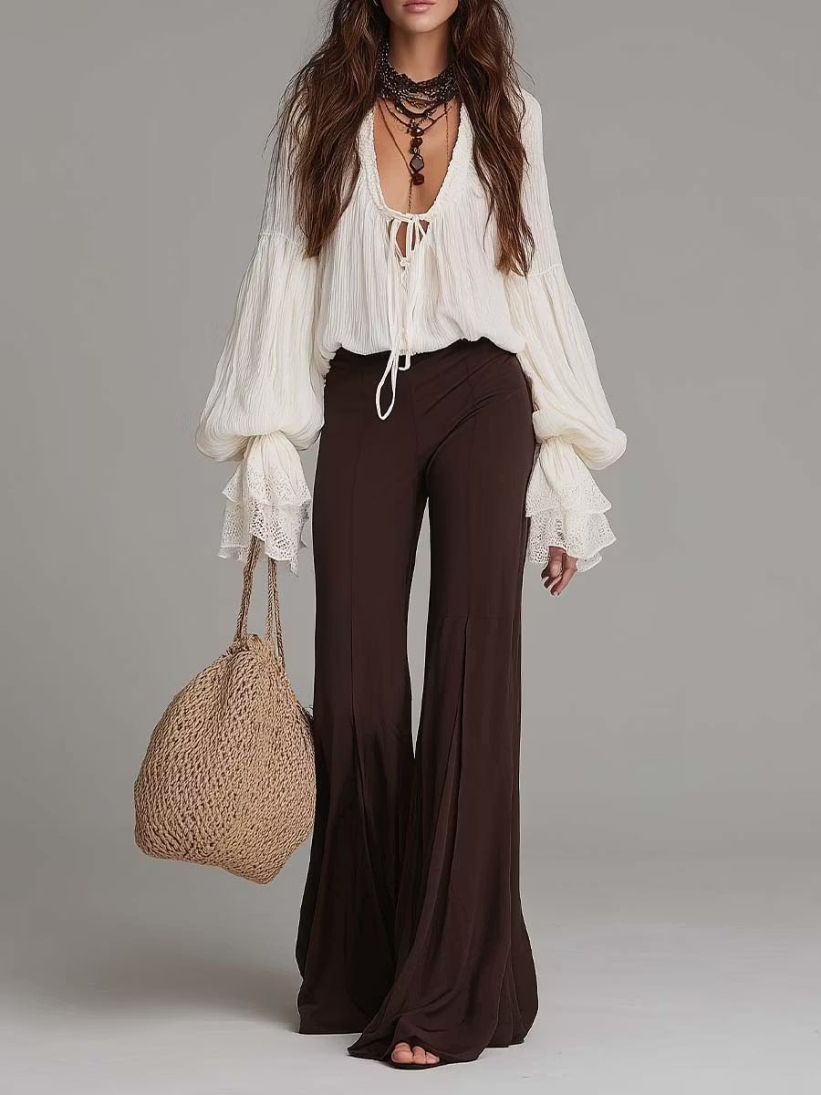 Women's bohemian lace-up blouse & wide-leg pants matching set. Perfect trendy summer festival beachwear outfit.