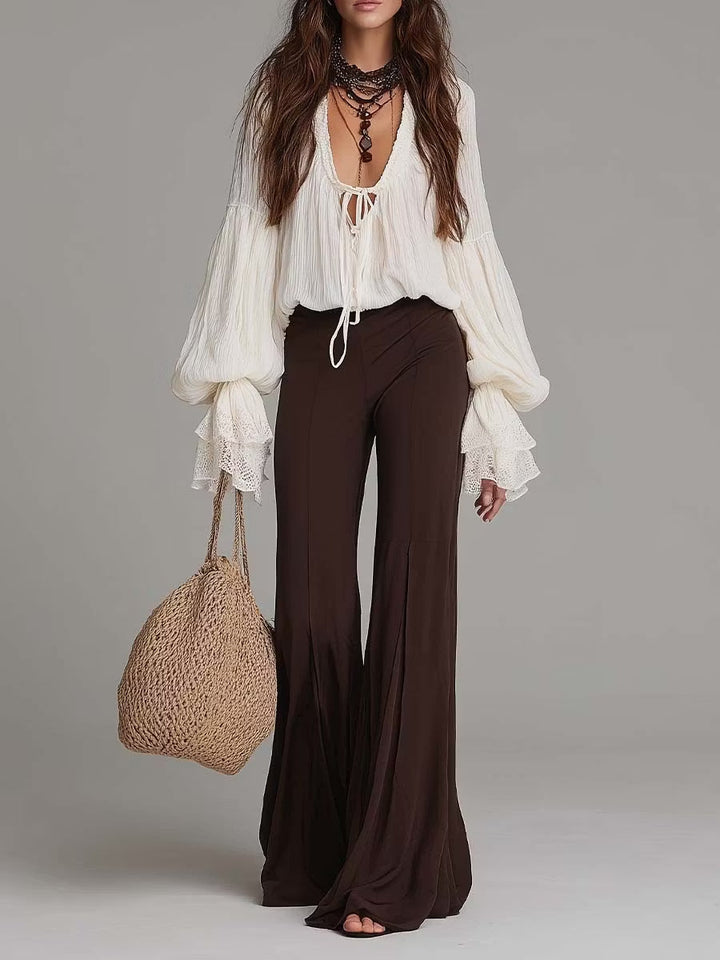Women's bohemian lace-up blouse & wide-leg pants matching set. Perfect trendy summer festival beachwear outfit.