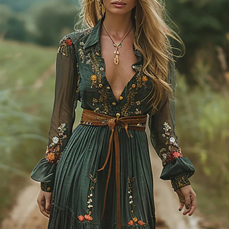 Detailed floral embroidered long dress, perfect for women's bohemian summer style, resort wear, or festivals.