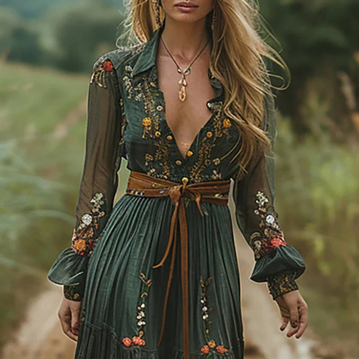 Detailed floral embroidered long dress, perfect for women's bohemian summer style, resort wear, or festivals.