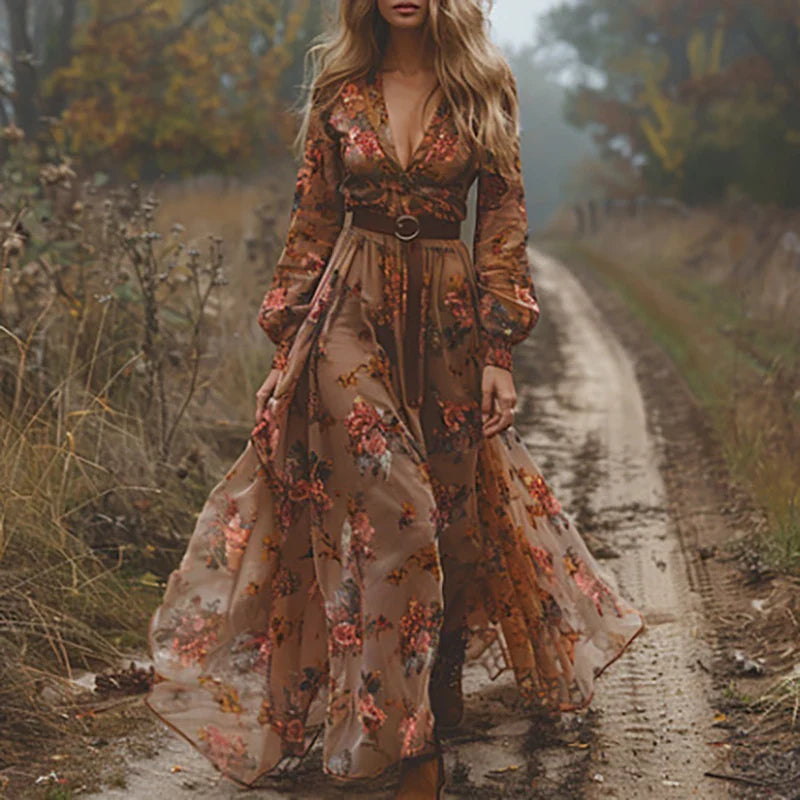 Elegant women's V-neck boho maxi dress with vibrant floral embroidery, ideal for summer casual or resort wear.